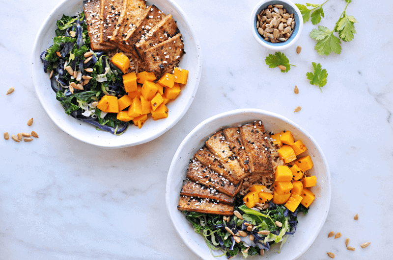 Sesame Balsamic Tofu Bowls with Chile Mango + Sunflower-Cilantro Pesto recipe from @thepigandquill | thepigandquill.com | #vegan #dairyfree #glutenfree