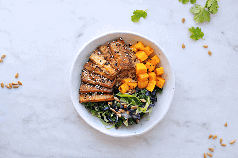  Sesame Balsamic Tofu Bowls with Chile Mango + Sunflower-Cilantro Pesto recipe from @thepigandquill | thepigandquill.com | #vegan #dairyfree #glutenfree