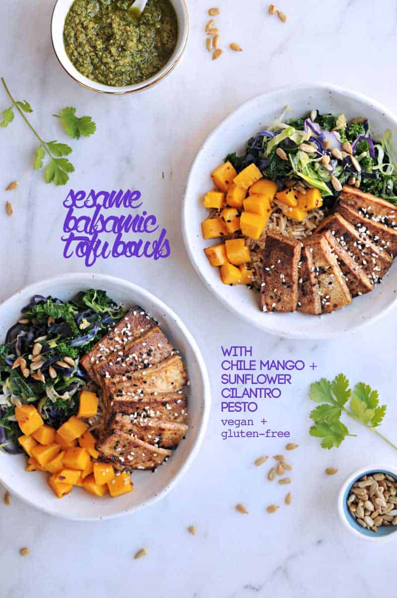 Sesame Balsamic Tofu Bowls with Chile Mango + Sunflower-Cilantro Pesto recipe from @thepigandquill | thepigandquill.com | #vegan #dairyfree #glutenfree