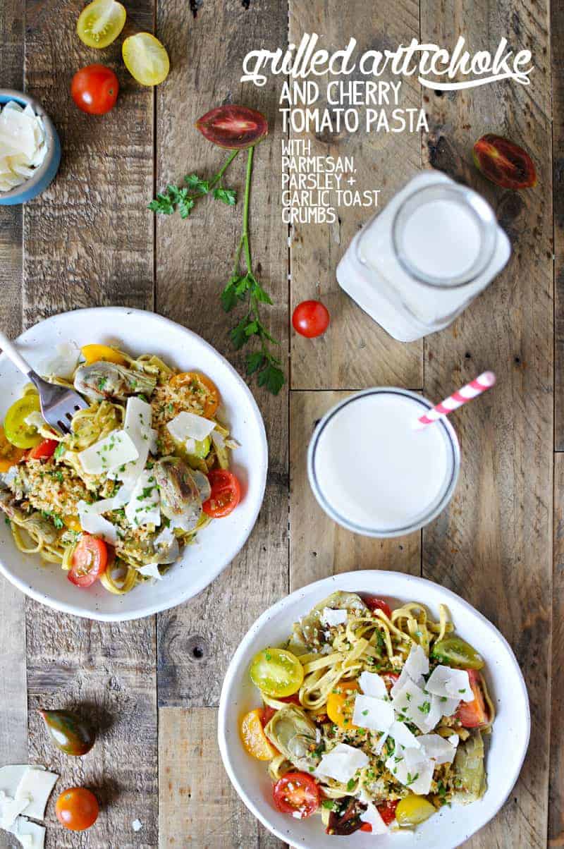 Grilled Artichoke and Cherry Tomato Pasta with Parm, Parsley + Garlic Toast Crumbs from @thepigandquill | via thepigandquill.com | #summer #vegetarian #brunch