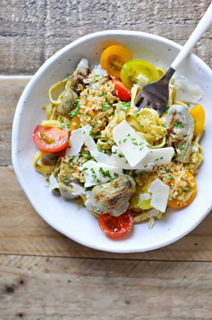 grilled artichoke and cherry tomato pasta with parm, parsley + garlic