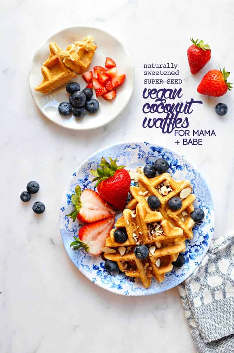 Naturally Sweetened Super Seed Vegan Coconut Waffles (for mama + babe!) from @thepigandquill (via thepigandquill.com) #dairyfree #eggfree #babyledweaning #blw #babyfood