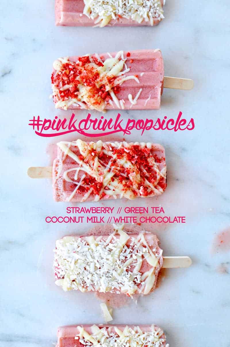 #PinkDrink Popsicles for #popsicleweek! // strawberry + green tea + coconut milk + white chocolate (via thepigandquill.com)