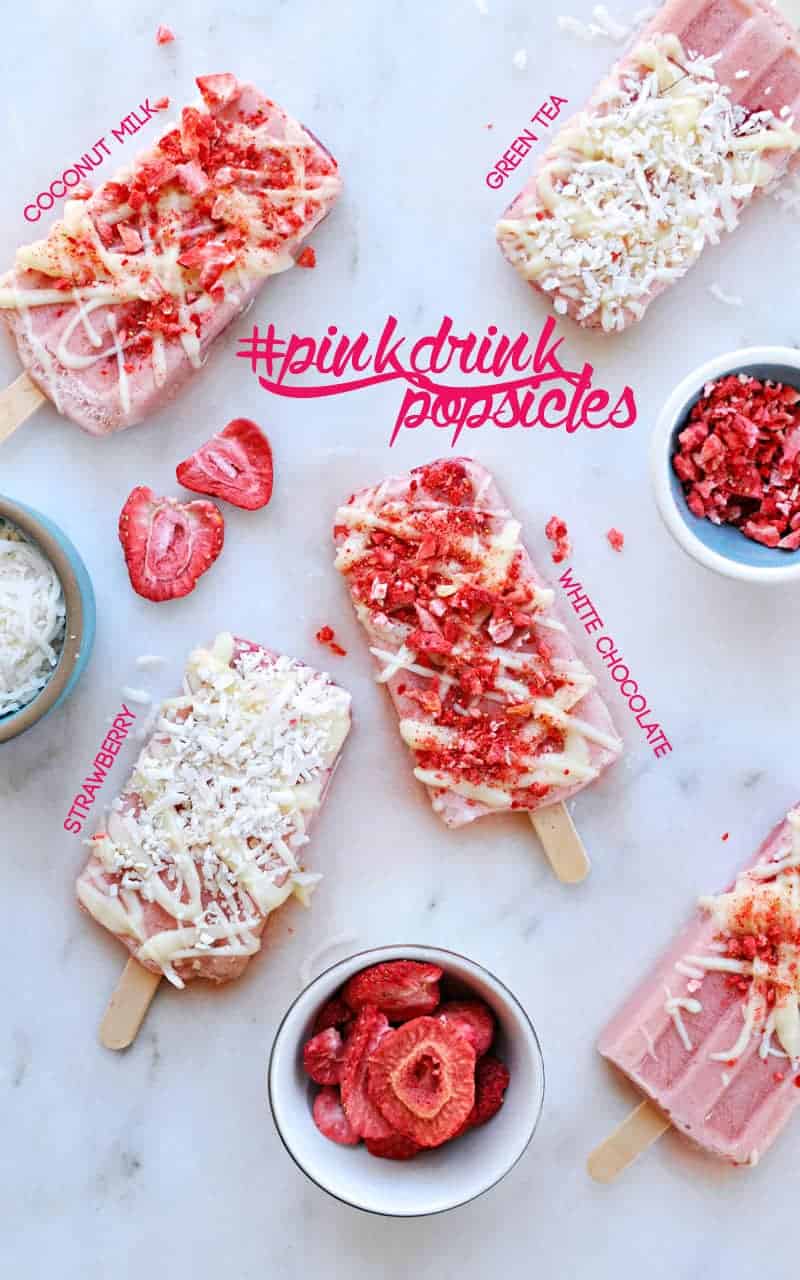 #PinkDrink Popsicles for #popsicleweek! // strawberry + green tea + coconut milk + white chocolate (via thepigandquill.com)