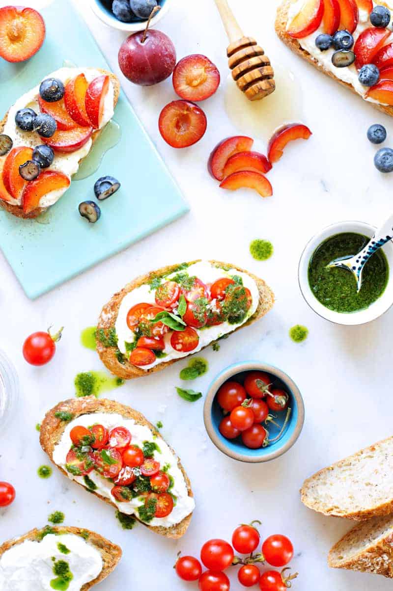 Whipped Ricotta Toast Two Ways recipe: Tomatoes, Basil Oil, Sea Salt // Summer Fruit, Honey, Black Pepper (via thepigandquill.com) #breakfast #brunch #summer #vegetarian