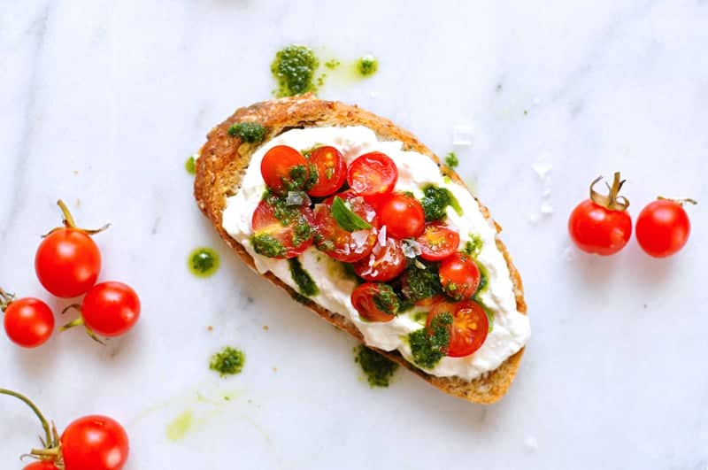 Whipped Ricotta Toast Two Ways recipe: Tomatoes, Basil Oil, Sea Salt // Summer Fruit, Honey, Black Pepper (via thepigandquill.com) #breakfast #brunch #summer #vegetarian