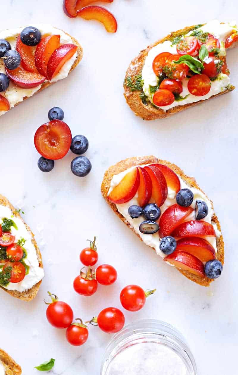 Whipped Ricotta Toast Two Ways recipe: Tomatoes, Basil Oil, Sea Salt // Summer Fruit, Honey, Black Pepper (via thepigandquill.com) #breakfast #brunch #summer #vegetarian