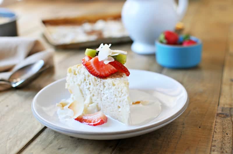 Triple Coconut Tres Leches Cake with Honey-Vanilla Summer Fruit recipe (via thepigandquill.com) #dairyfree #glutenfree #dessert 