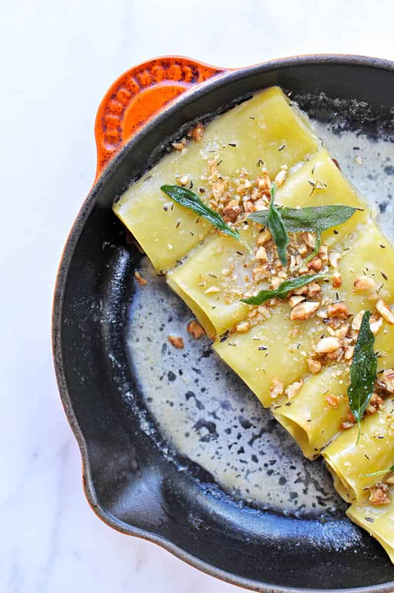 Savory Pumpkin Cannelloni with Candied Walnuts + Crispy Sage Recipe (via thepigandquill.com) #dairyfree