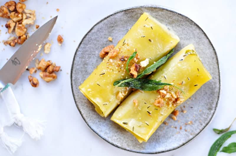 Savory Pumpkin Cannelloni with Candied Walnuts + Crispy Sage Recipe (via thepigandquill.com) #dairyfree