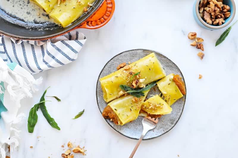 Savory Pumpkin Cannelloni with Candied Walnuts + Crispy Sage Recipe (via thepigandquill.com) #dairyfree