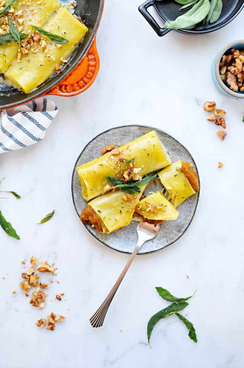 Savory Pumpkin Cannelloni with Candied Walnuts + Crispy Sage Recipe (via thepigandquill.com) #dairyfree