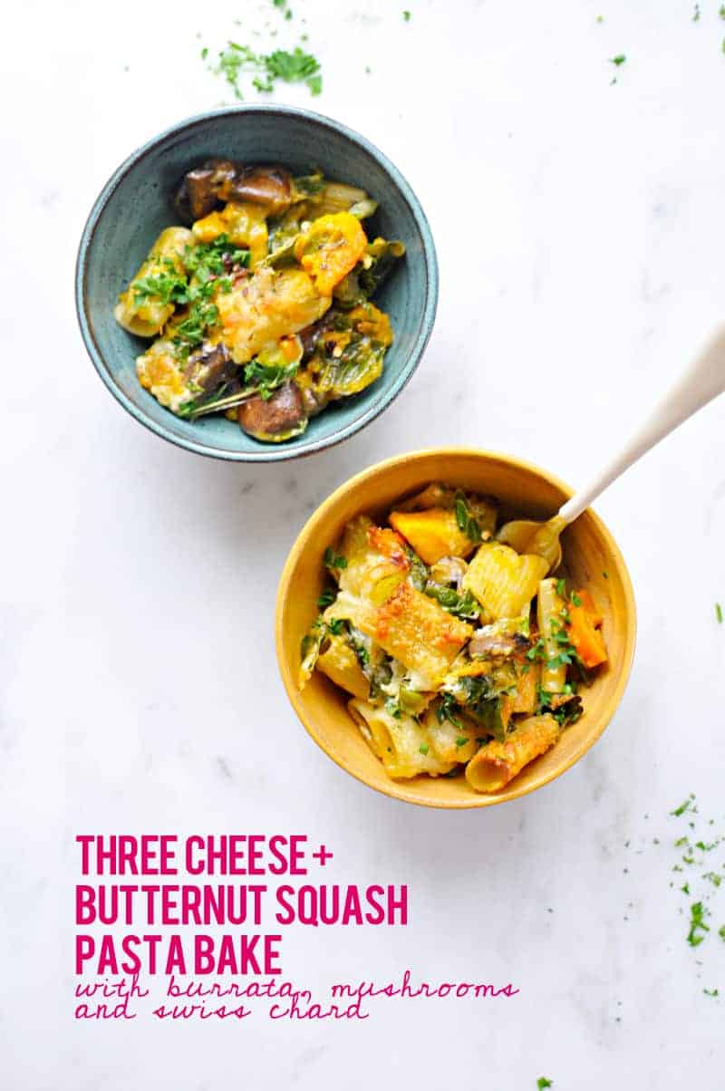 Three Cheese Butternut Pasta Bake with Mushrooms + Chard Recipe (via thepigandquill.com) #vegetarian #burrata #casserole