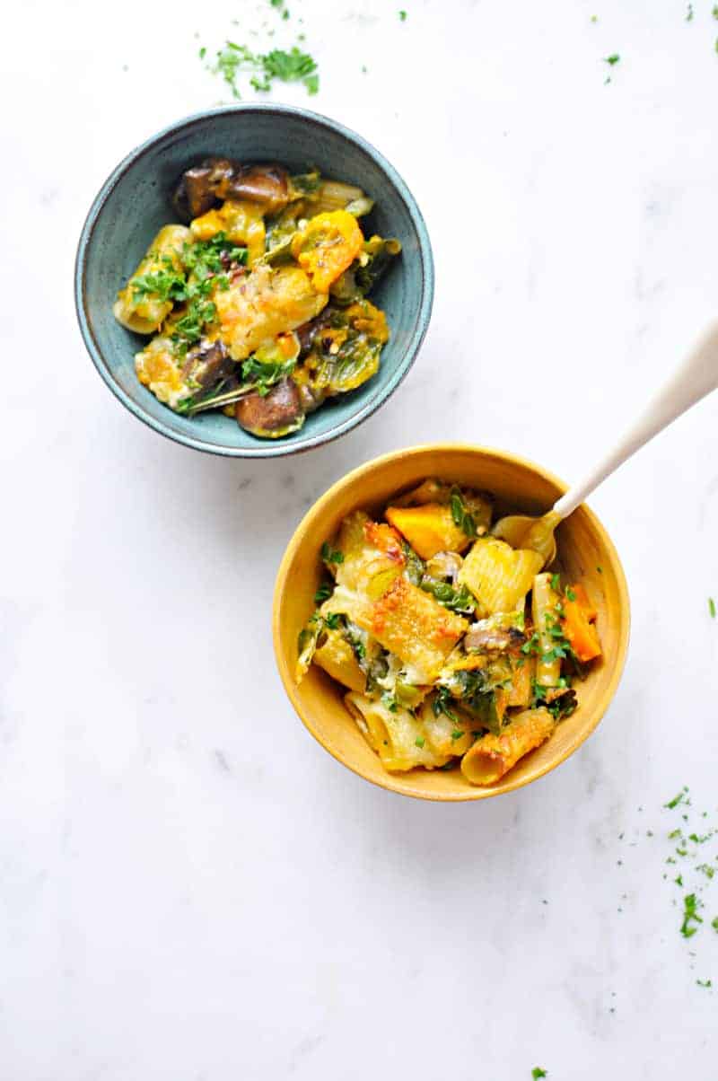 Three Cheese Butternut Pasta Bake with Mushrooms + Chard Recipe (via thepigandquill.com) #vegetarian #burrata #casserole