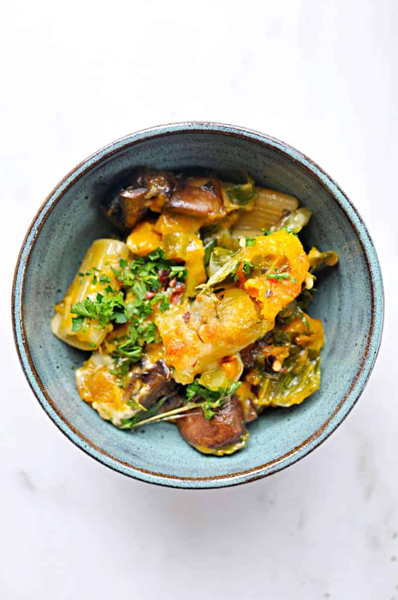 Three Cheese Butternut Pasta Bake with Mushrooms + Chard Recipe (via thepigandquill.com) #vegetarian #burrata #casserole