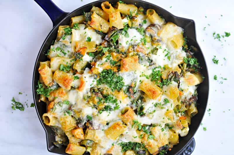 Three Cheese Butternut Pasta Bake with Mushrooms + Chard Recipe (via thepigandquill.com) #vegetarian #burrata #casserole