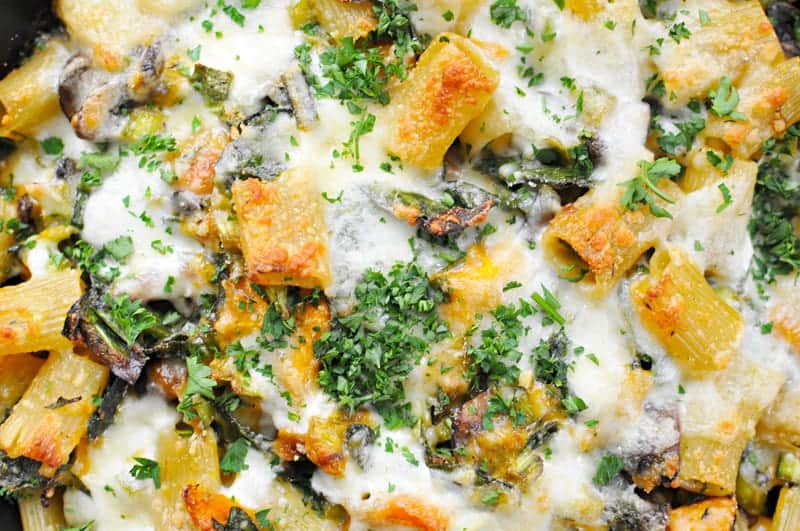 Three Cheese Butternut Pasta Bake with Mushrooms + Chard Recipe (via thepigandquill.com) #vegetarian #burrata #casserole