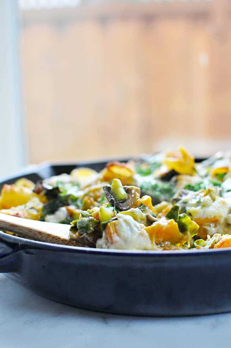 Three Cheese Butternut Pasta Bake with Mushrooms + Chard Recipe (via thepigandquill.com) #vegetarian #burrata #casserole