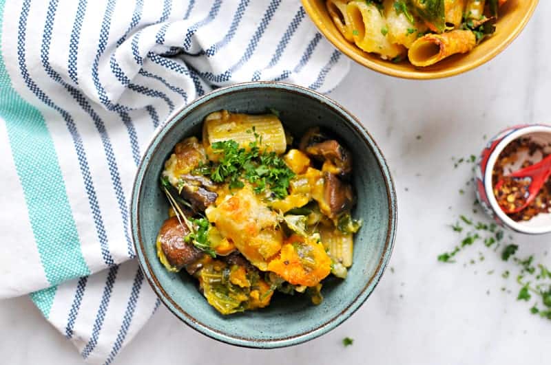 Three Cheese Butternut Pasta Bake with Mushrooms + Chard Recipe (via thepigandquill.com) #vegetarian #burrata #casserole