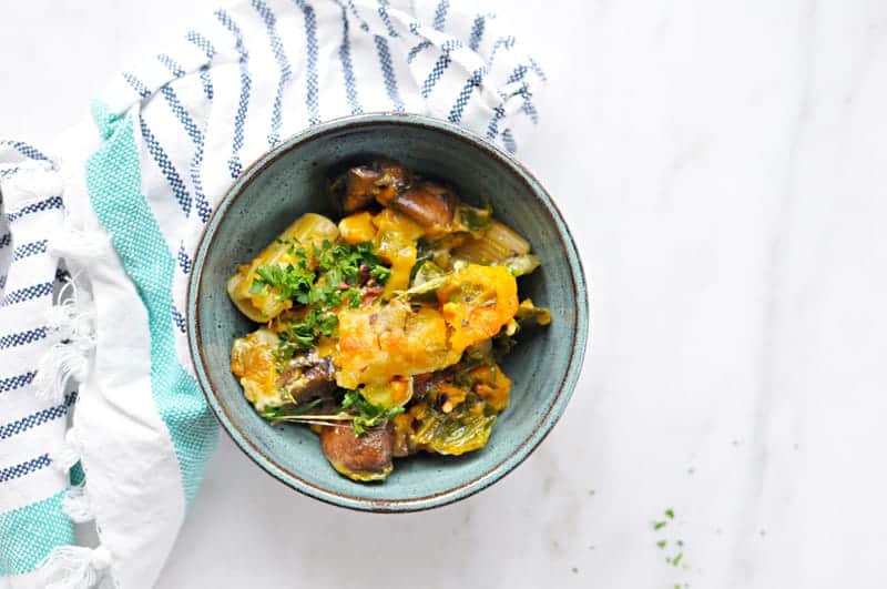 Three Cheese Butternut Pasta Bake with Mushrooms + Chard Recipe (via thepigandquill.com) #vegetarian #burrata #casserole