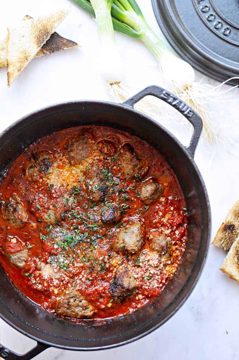 Pan-Braised Meatballs with Spring Onions + Parm (Toddler Friendly!) recipe via thepigandquill.com