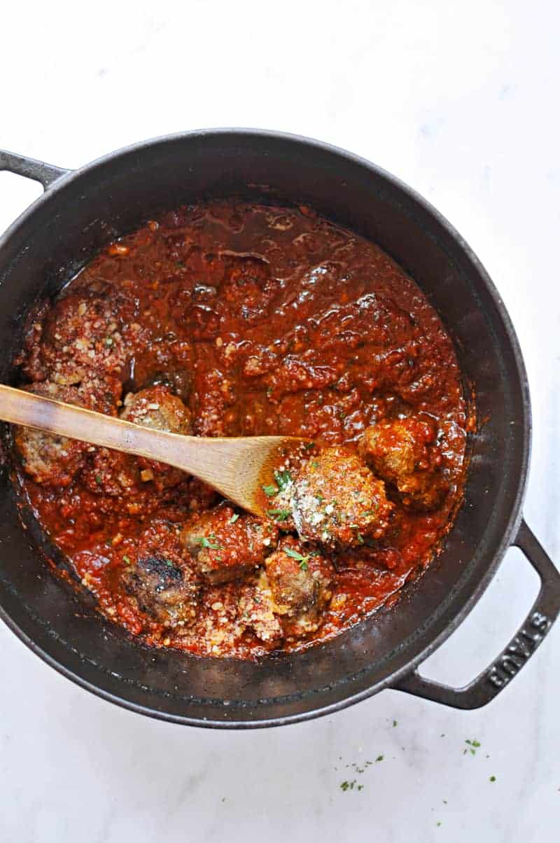 Pan-Braised Meatballs with Spring Onions + Parm (Toddler Friendly!) recipe via thepigandquill.com