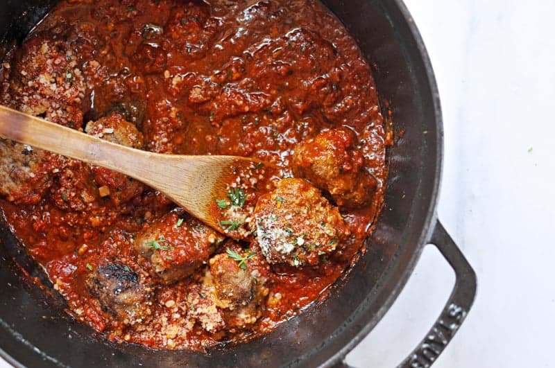 Pan-Braised Meatballs with Spring Onions + Parm (Toddler Friendly!) recipe via thepigandquill.com