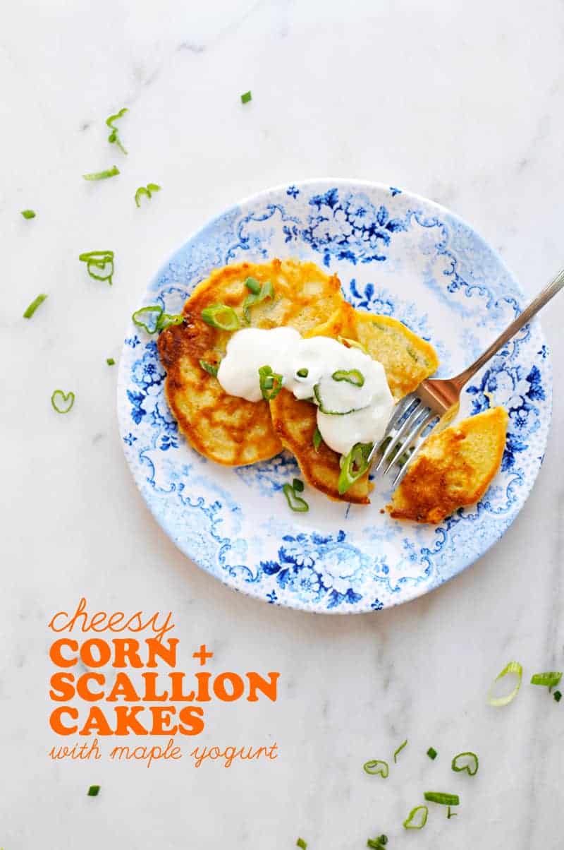 Cheesy Corn + Scallion Cakes with Maple Yogurt recipe (via thepigandquill.com) #breakfast #brunch #toddlerfood