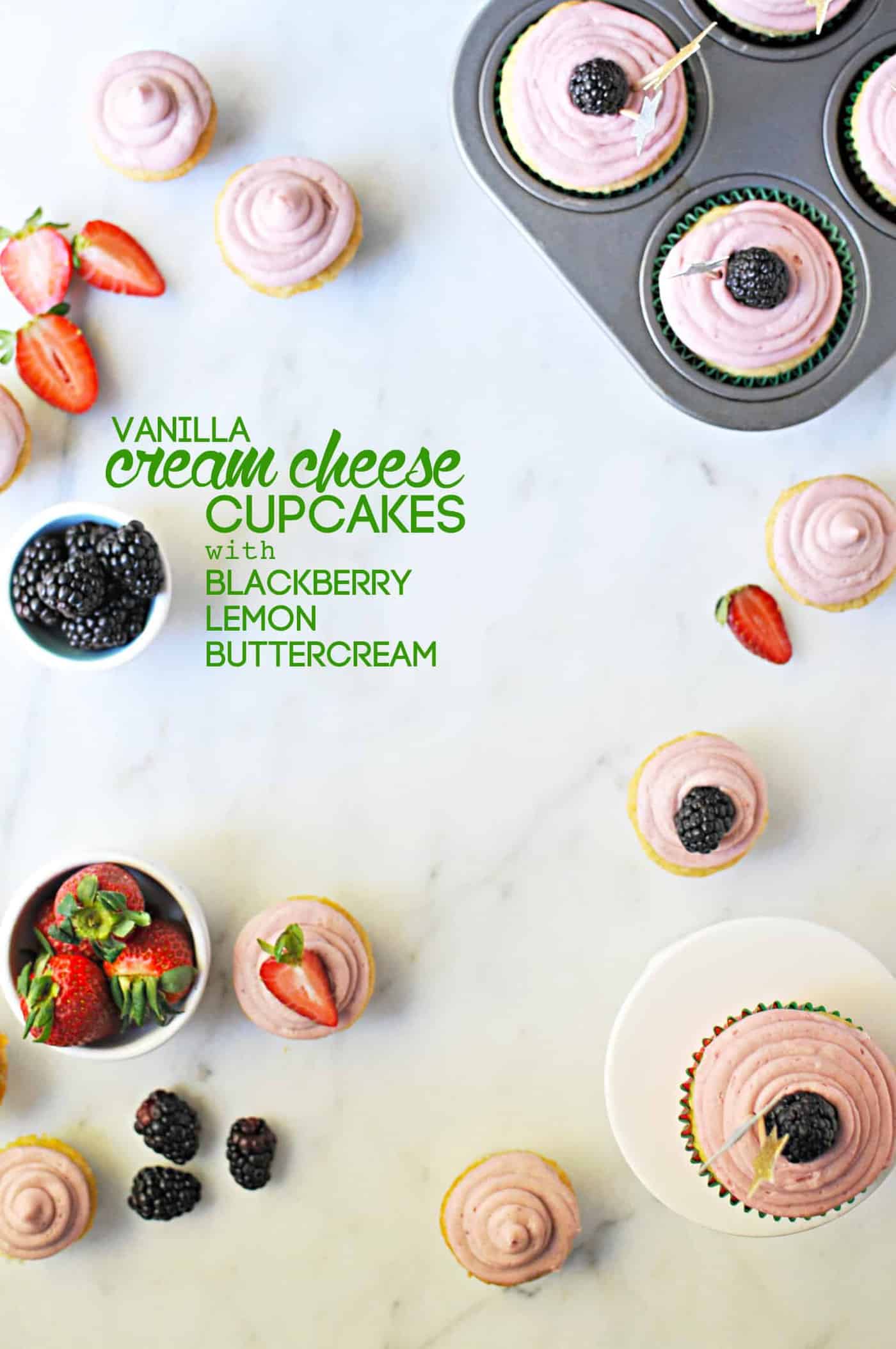 Vanilla Cream Cheese Cupcakes with Blackberry Lemon Buttercream recipe (via the pigandquill.com) #dessert #baking