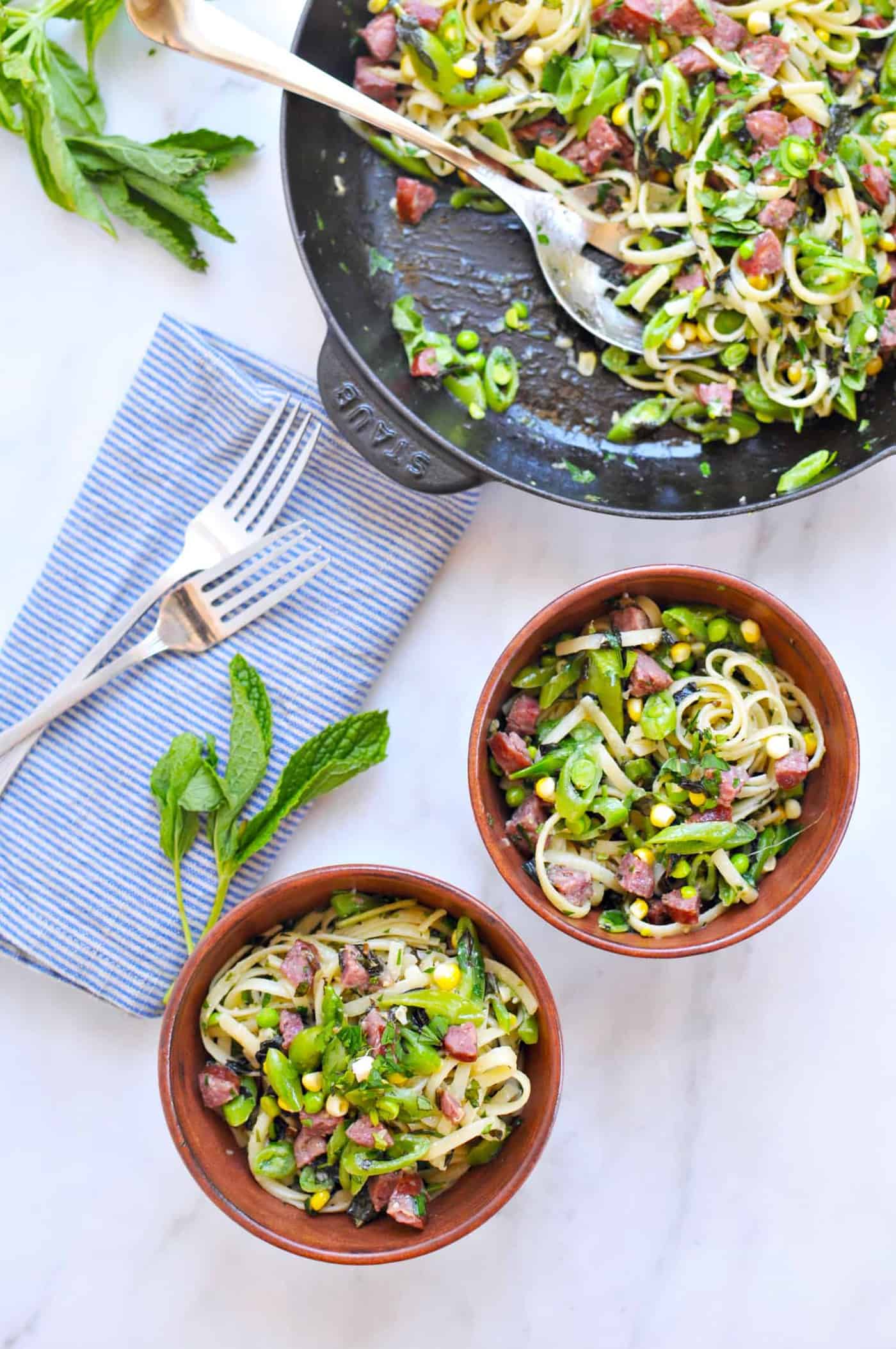 Endless Summer Noodle Bowls: Miso Butter Linguine with Sweet Corn, Snap Peas + Summer Sausage recipe (via thepigandquill.com) #pasta #veggies #basil