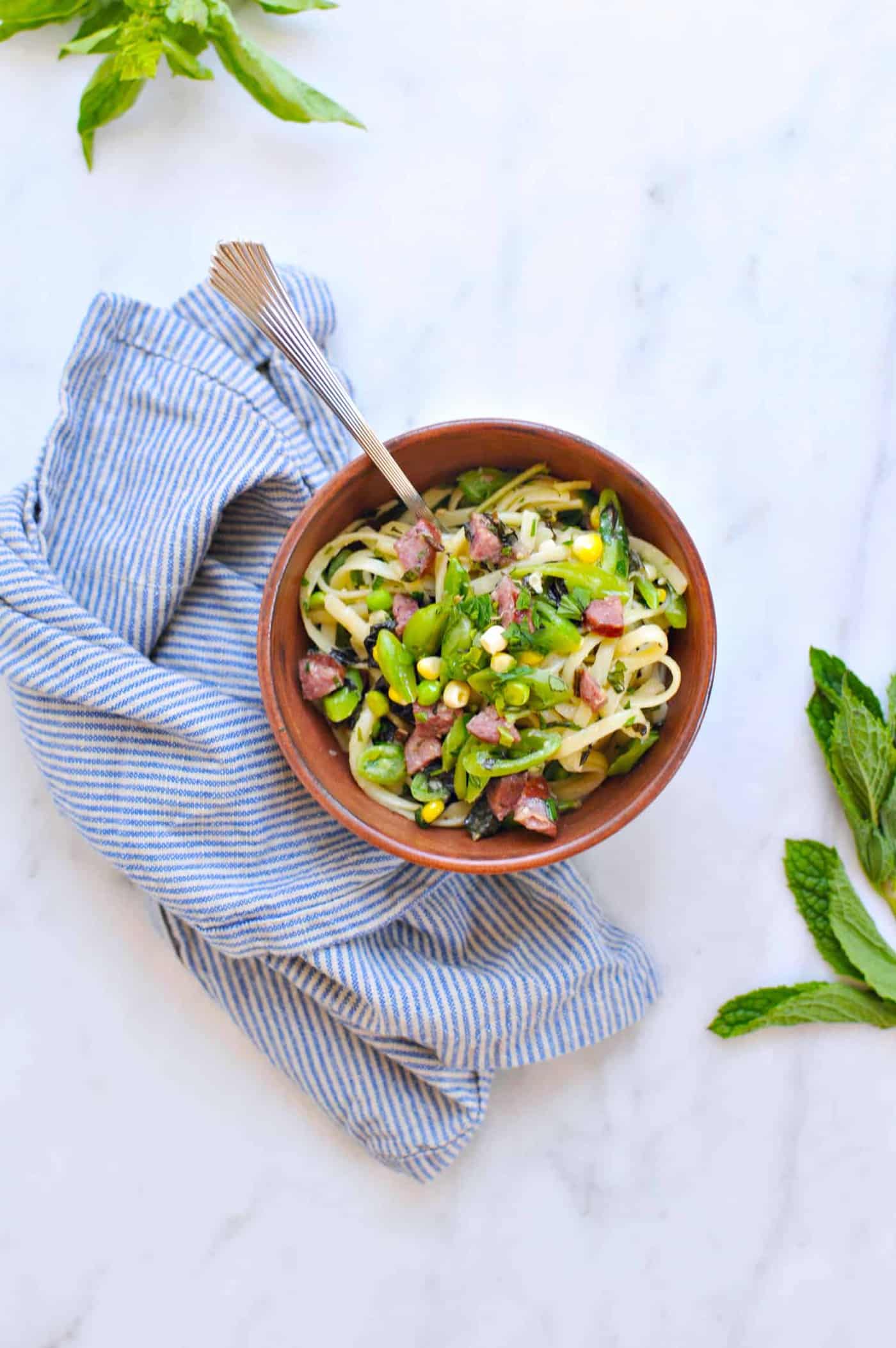 Endless Summer Noodle Bowls: Miso Butter Linguine with Sweet Corn, Snap Peas + Summer Sausage recipe (via thepigandquill.com) #pasta #veggies #basil