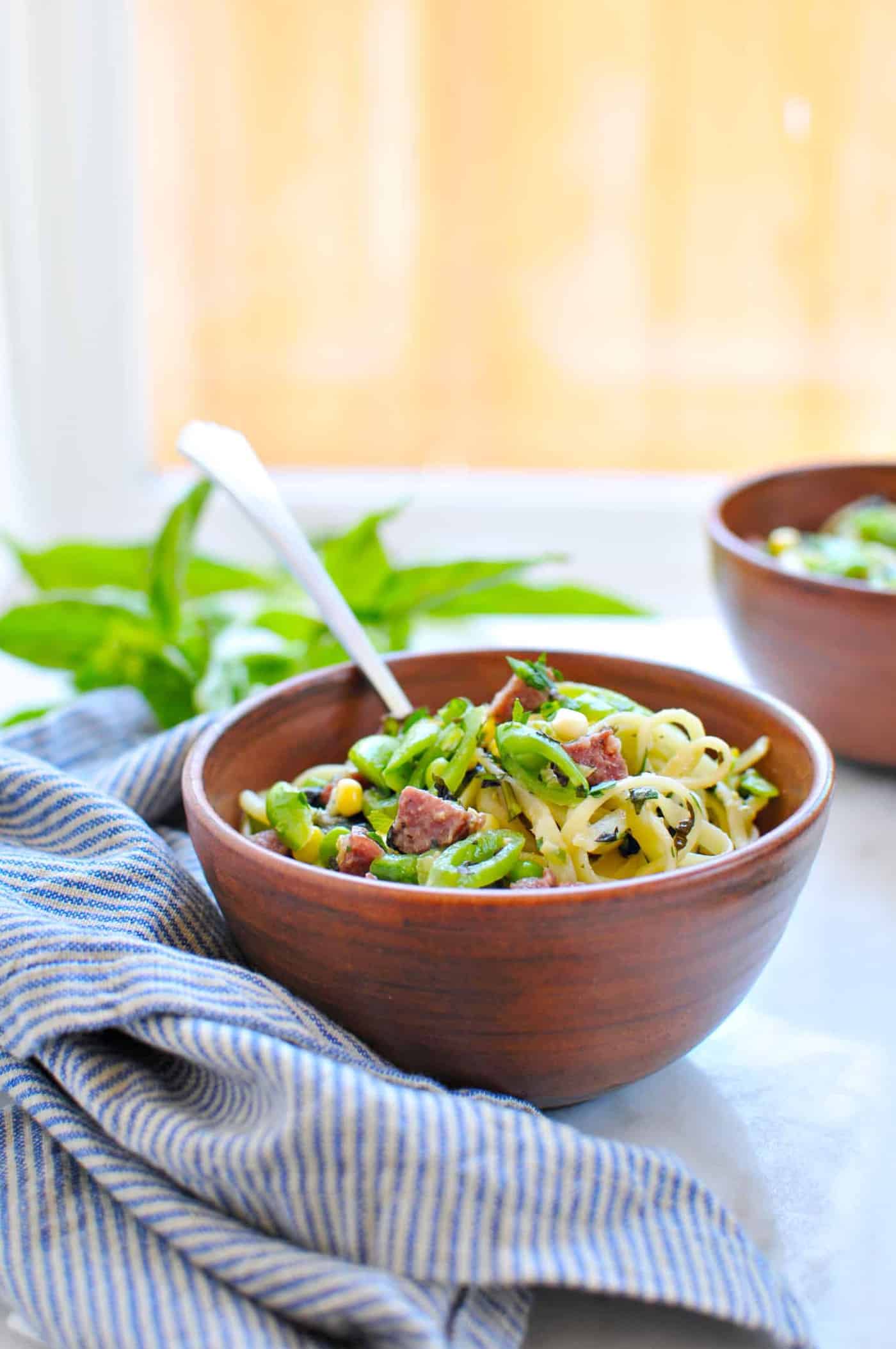 Endless Summer Noodle Bowls: Miso Butter Linguine with Sweet Corn, Snap Peas + Summer Sausage recipe (via thepigandquill.com) #pasta #veggies #basil