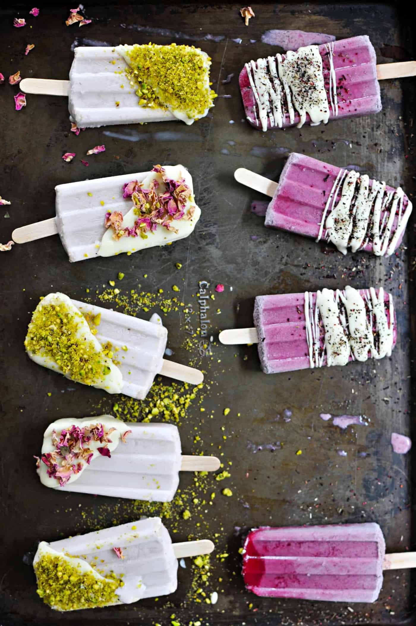 White Chocolate Dipped Rose Milk Popsicles recipe (via thepigandquill.com) #summer #dessert #pistachios