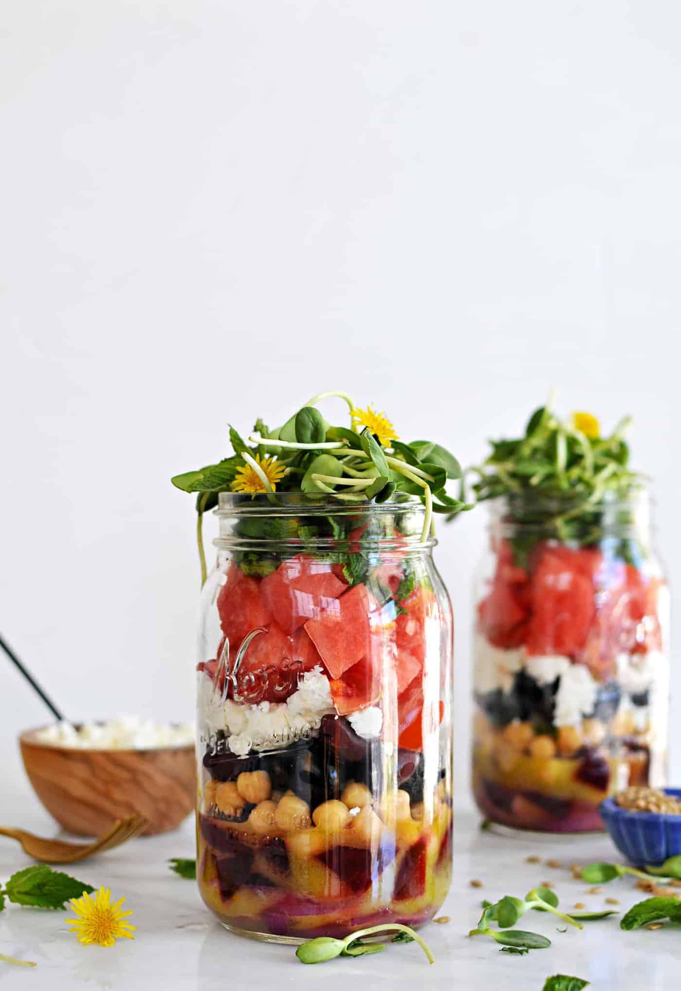 Mason Jar Greek-Style Watermelon Salads recipe (via thepigandquill.com) #vegetarian #glutenfree #lunch