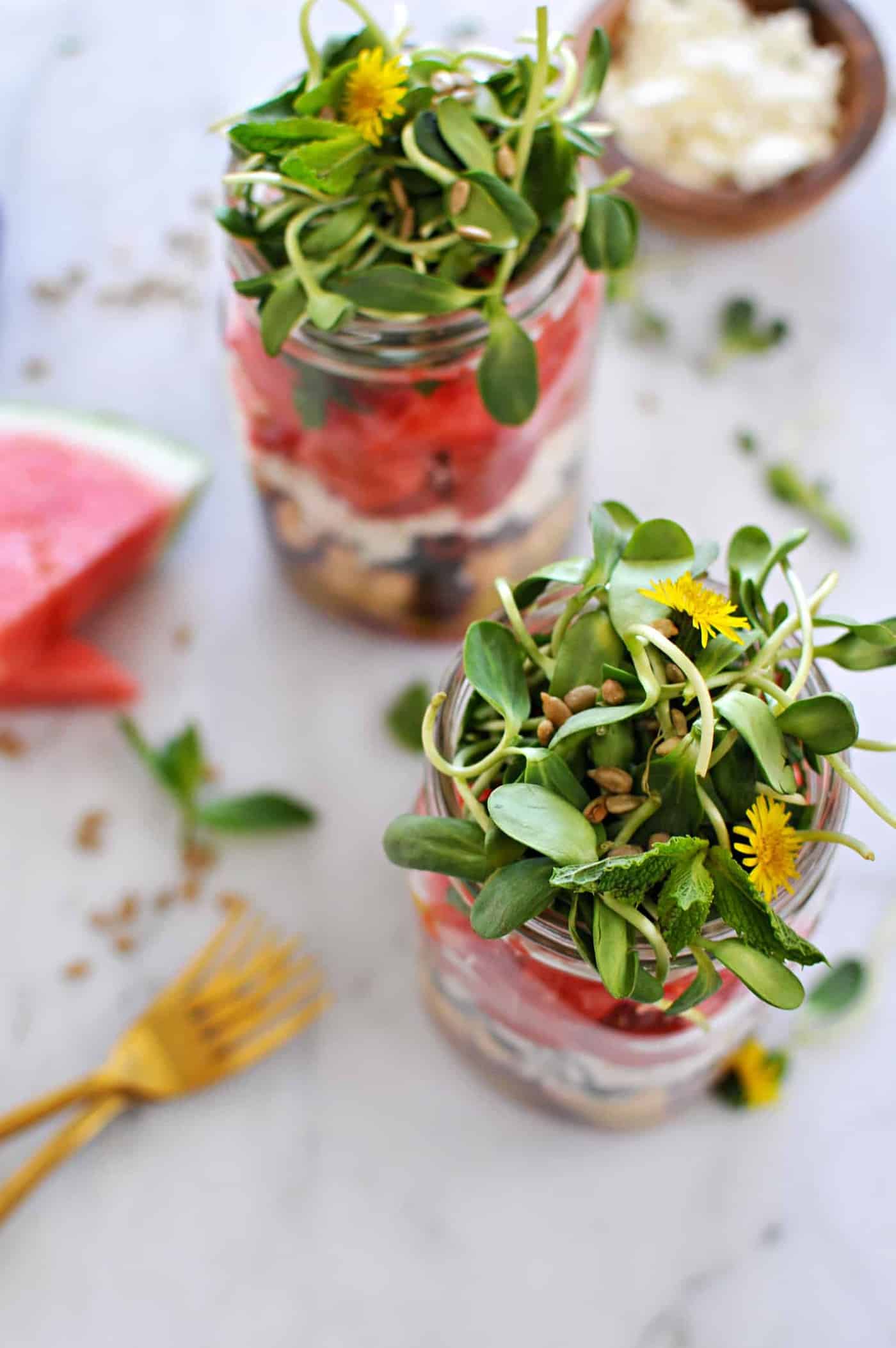 Mason Jar Greek-Style Watermelon Salads recipe (via thepigandquill.com) #vegetarian #glutenfree #lunch