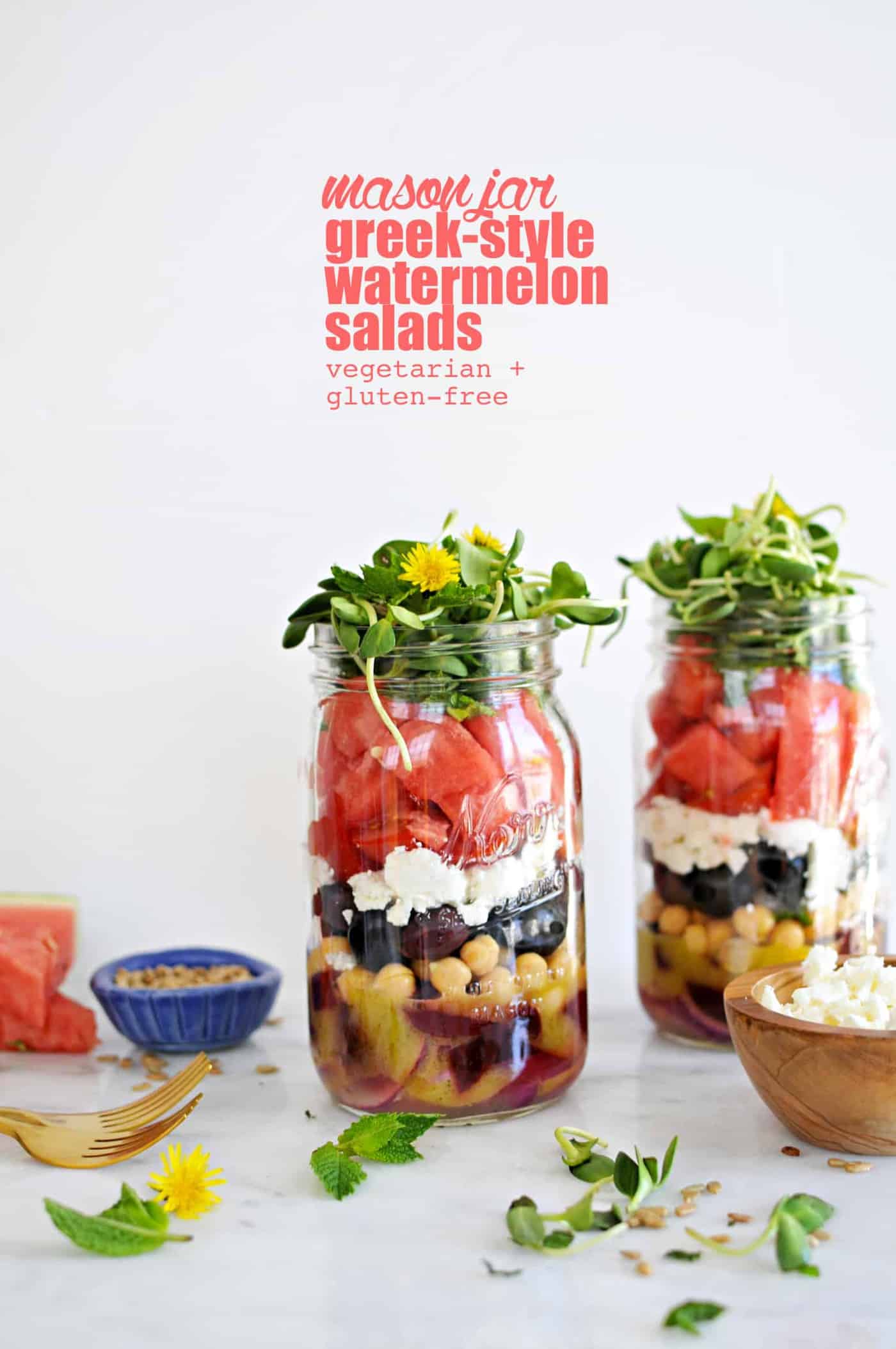 Mason Jar Greek-Style Watermelon Salads recipe (via thepigandquill.com) #vegetarian #glutenfree #lunch