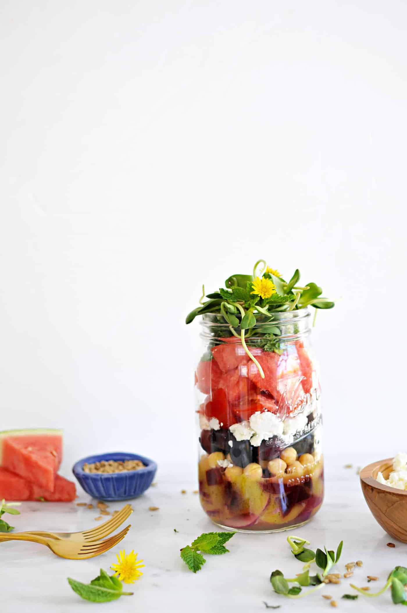 Mason Jar Greek-Style Watermelon Salads recipe (via thepigandquill.com) #vegetarian #glutenfree #lunch