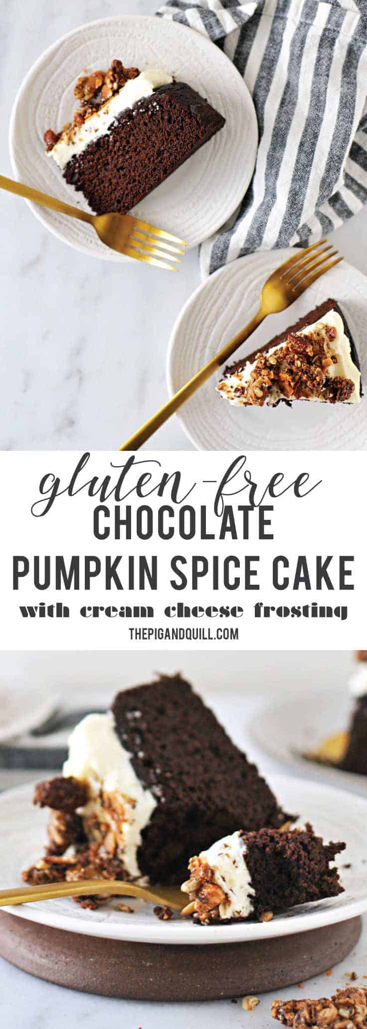 Chocolate Pumpkin Spice Cake with Cream Cheese Frosting recipe (via thepigandquill.com) #glutenfree #baking #fall