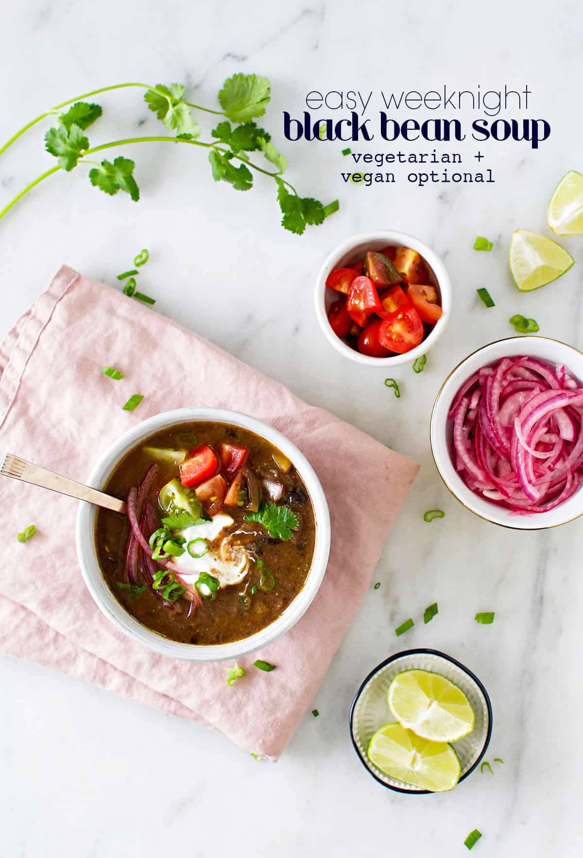 Easy Weeknight Black Bean Soup (Vegan Optional) recipe via thepigandquill.com - sweet, smoky and so simple. #vegetarian #mealplan #dinner