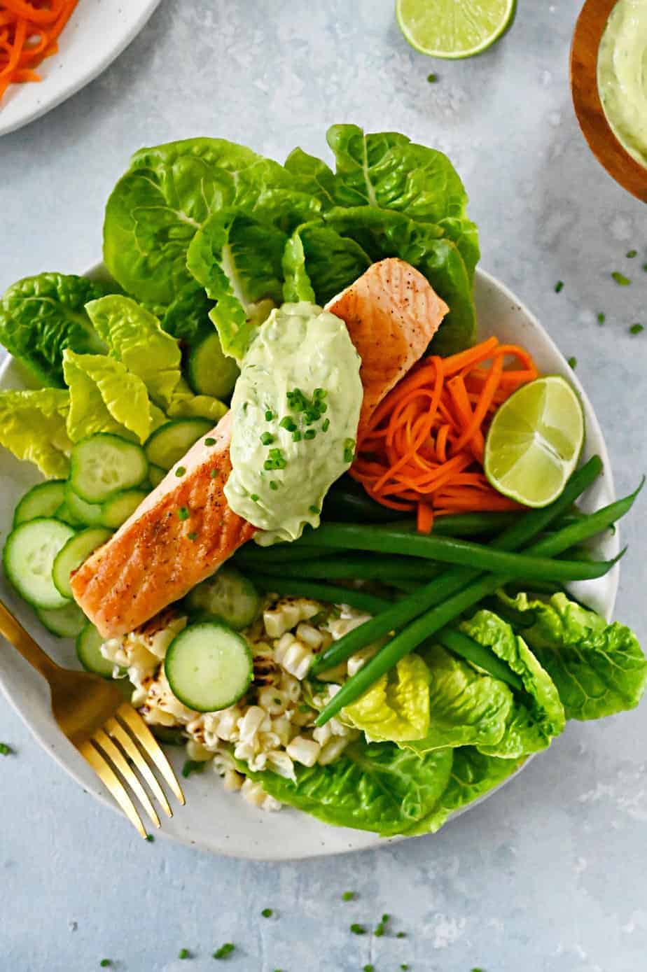 Crispy-Skin Salmon Bowls with Pickled Carrots and Miso Avocado Green Goddess Dressing recipe (Gluten-Free + Dairy-Free) via thepigandquill.com #weeknightmeal