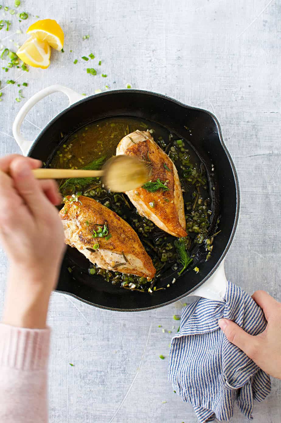 Crispy Pan-Roasted Chicken Breasts with Lemon-Scallion Drippings recipe (via thepigandquill.com) #glutenfree #mealprep #dinner