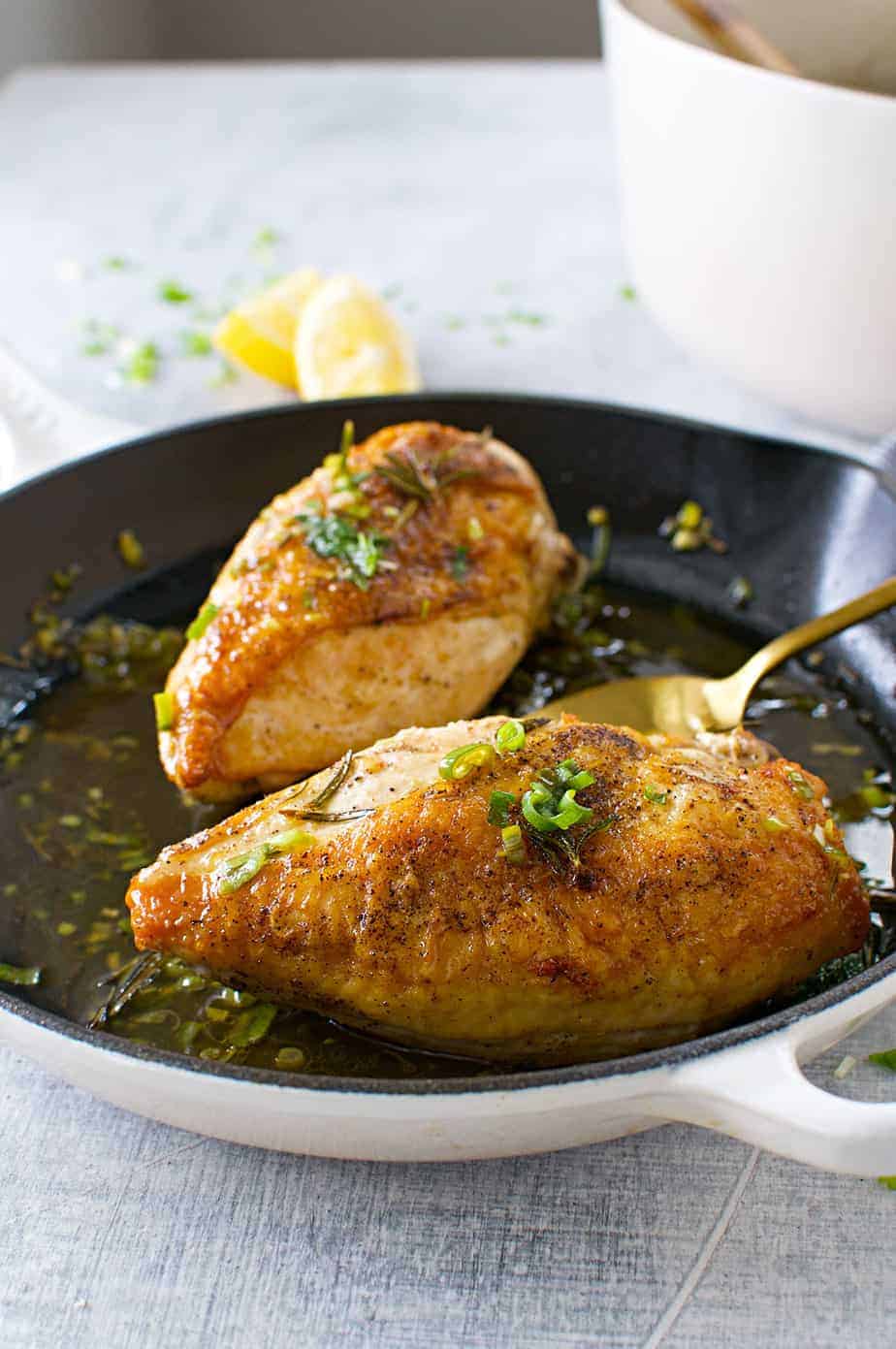 Crispy Pan-Roasted Chicken Breasts with Lemon-Scallion Drippings recipe (via thepigandquill.com) #glutenfree #mealprep #dinner