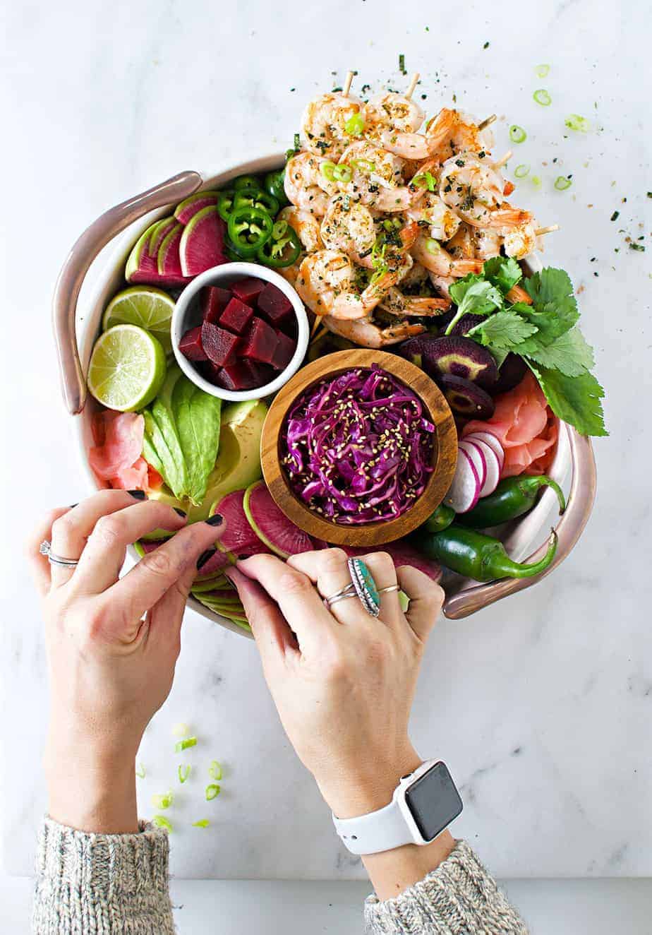 Grilled Sesame Shrimp Sushi Bowls with Miso Tahini Dressing recipe (via thepigandquill.com) - beautiful, easily assembled sushi bowls that make an impressive date-night in #glutenfree #pokebowl #ricebowl