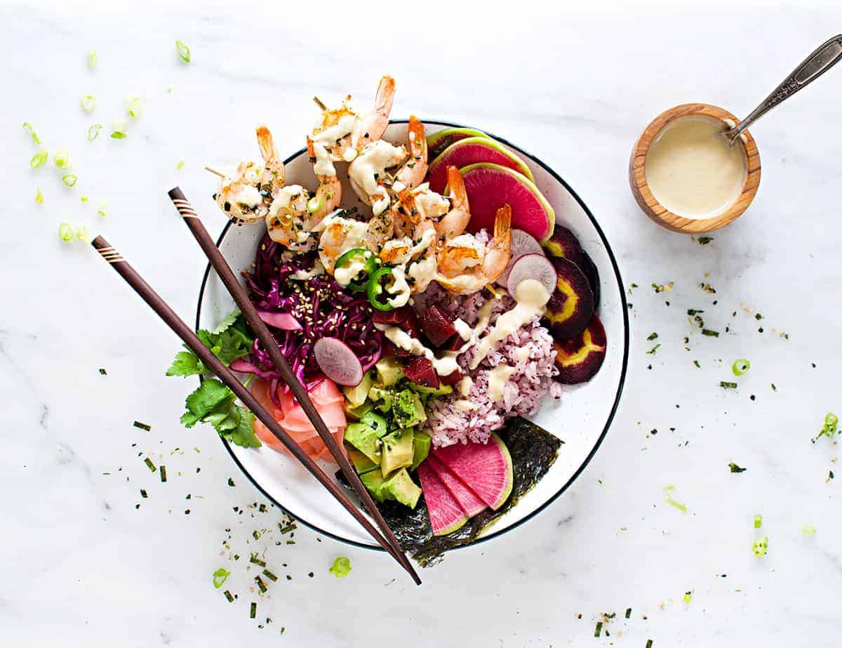Grilled Sesame Shrimp Sushi Bowls with Miso Tahini Dressing recipe (via thepigandquill.com) - beautiful, easily assembled sushi bowls that make an impressive date-night in #glutenfree #pokebowl #ricebowl
