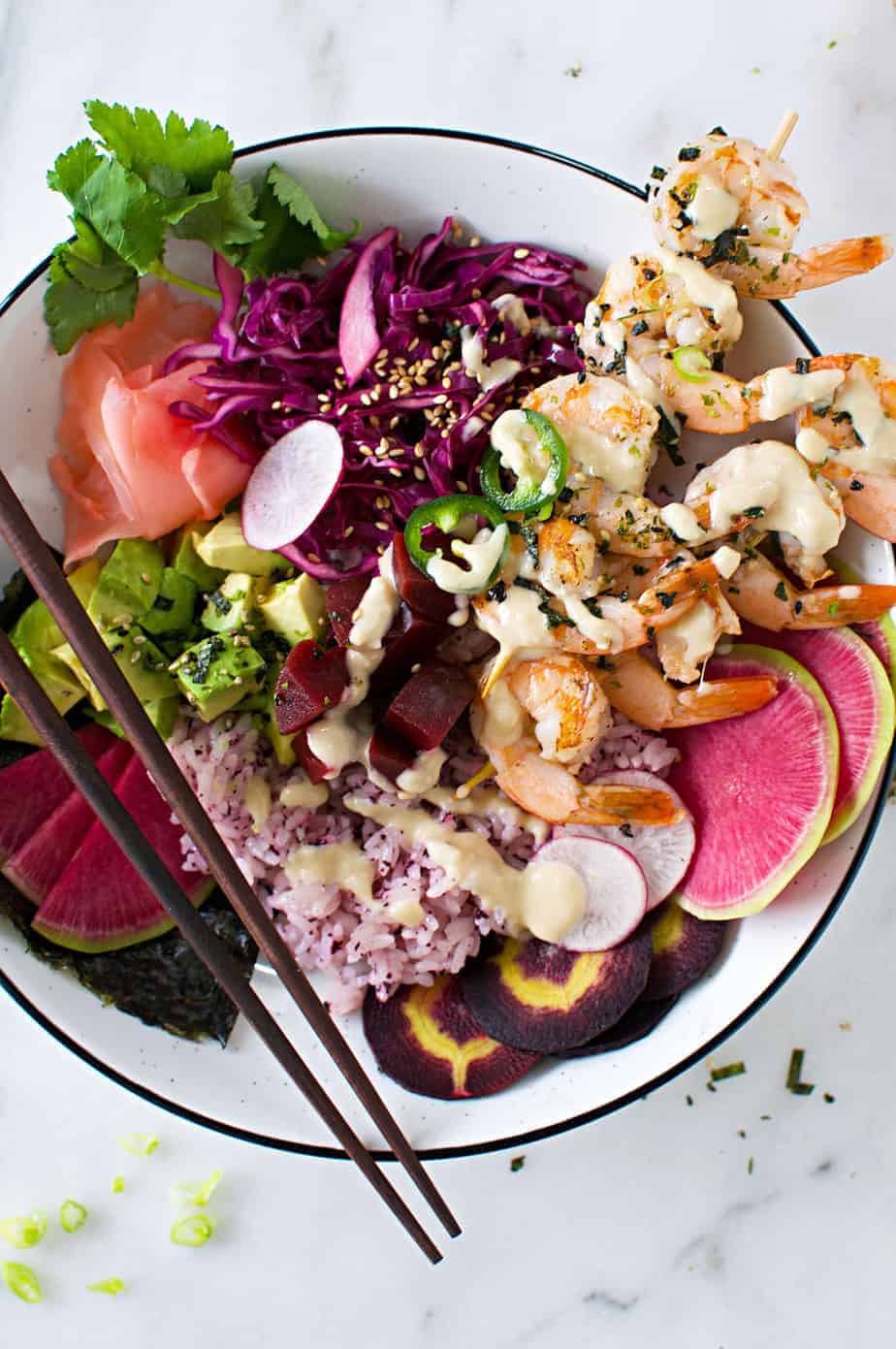 Grilled Sesame Shrimp Sushi Bowls with Miso Tahini Dressing recipe (via thepigandquill.com) - beautiful, easily assembled sushi bowls that make an impressive date-night in #glutenfree #pokebowl #ricebowl