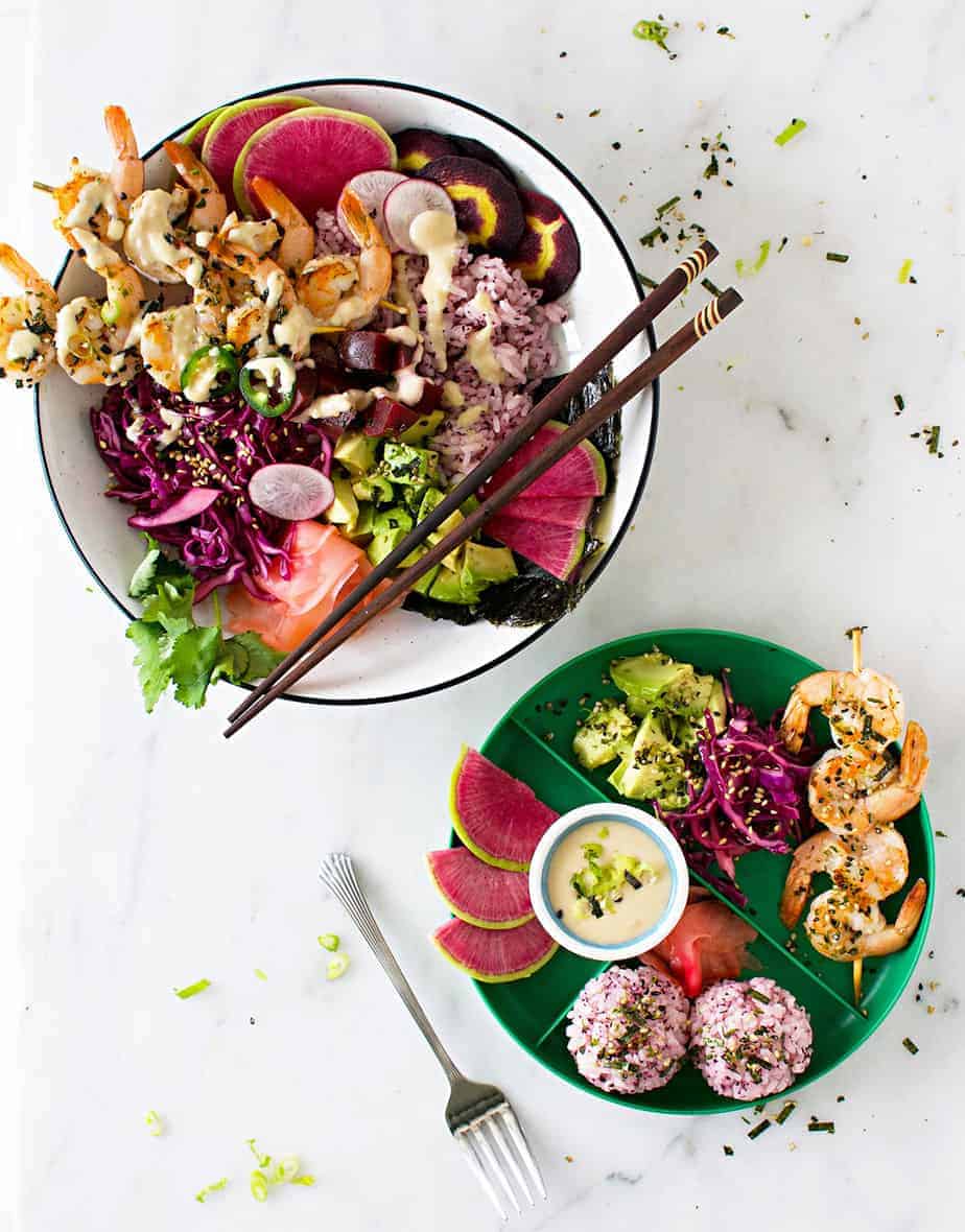 Grilled Sesame Shrimp Sushi Bowls with Miso Tahini Dressing recipe (via thepigandquill.com) - beautiful, easily assembled sushi bowls that make an impressive date-night in #glutenfree #pokebowl #ricebowl