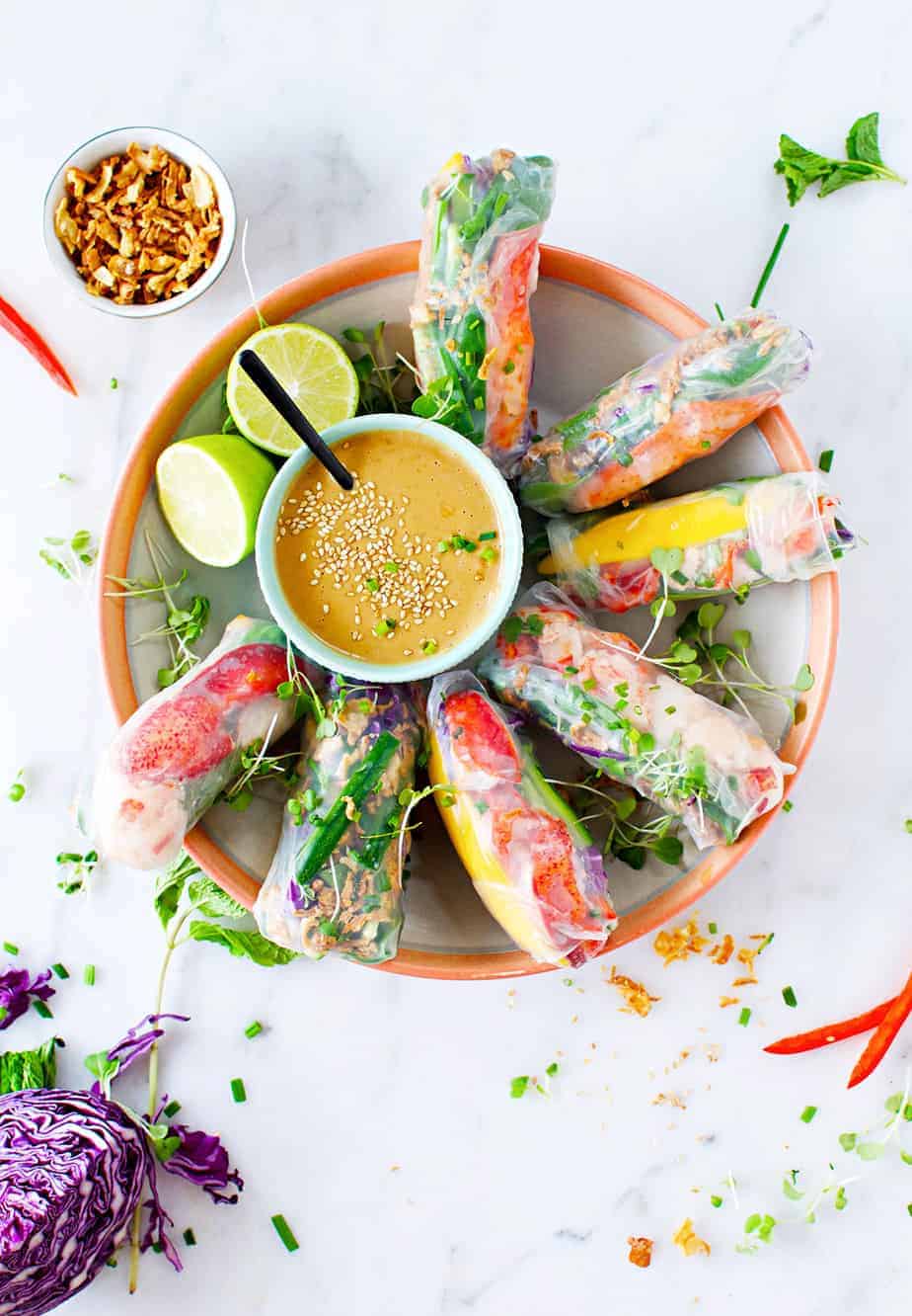 Fresh Lobster Spring Rolls with Easy Peanut Dipping Sauce recipe (via thepigandquill.com) #glutenfree #dairyfree 