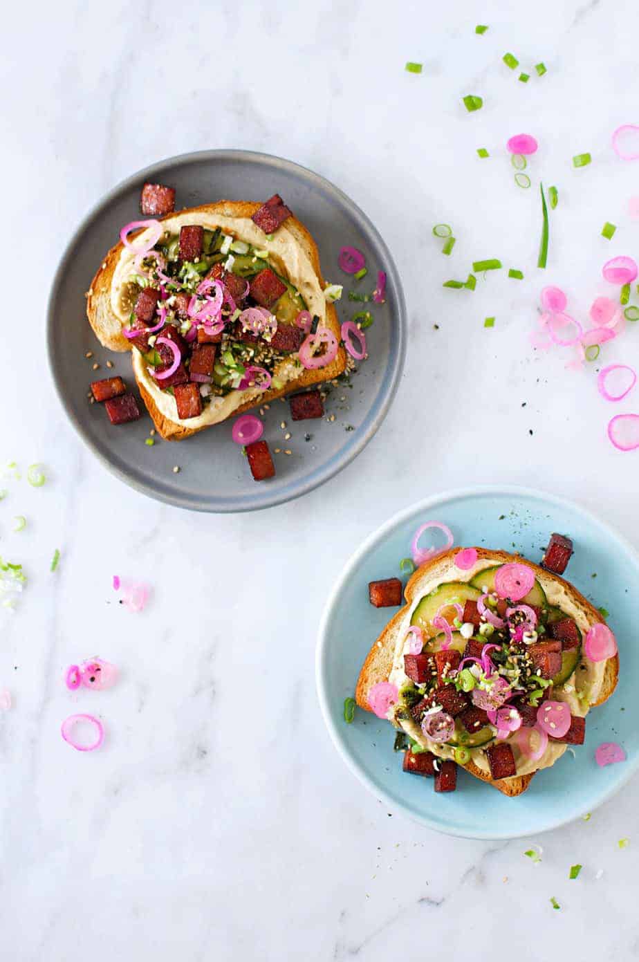 Hawaiian Hummus Toast recipe (via thepigandquill.com) #breakfast #brunch #spam #furikake #kimchi