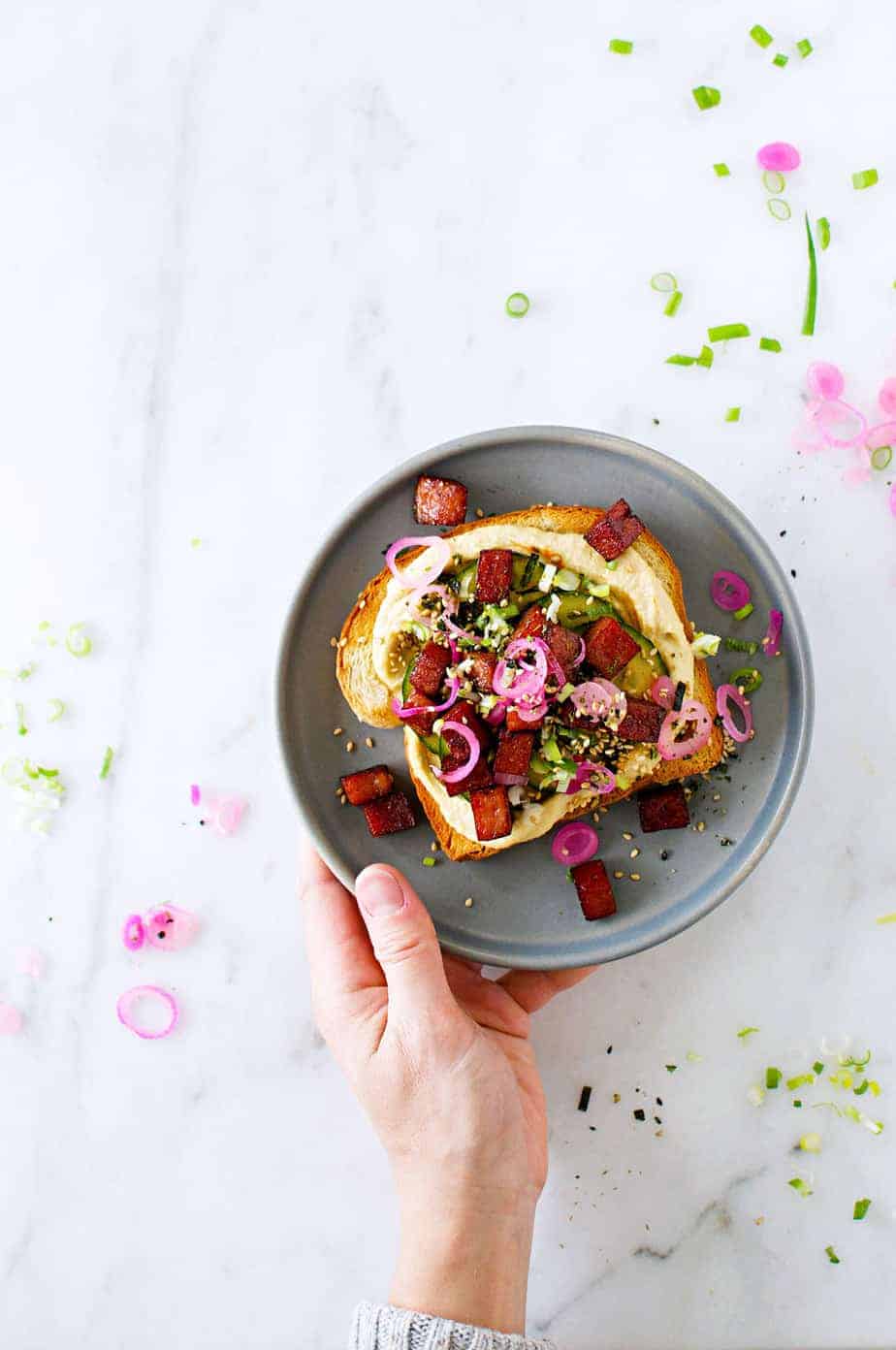 Hawaiian Hummus Toast recipe (via thepigandquill.com) #breakfast #brunch #spam #furikake #kimchi