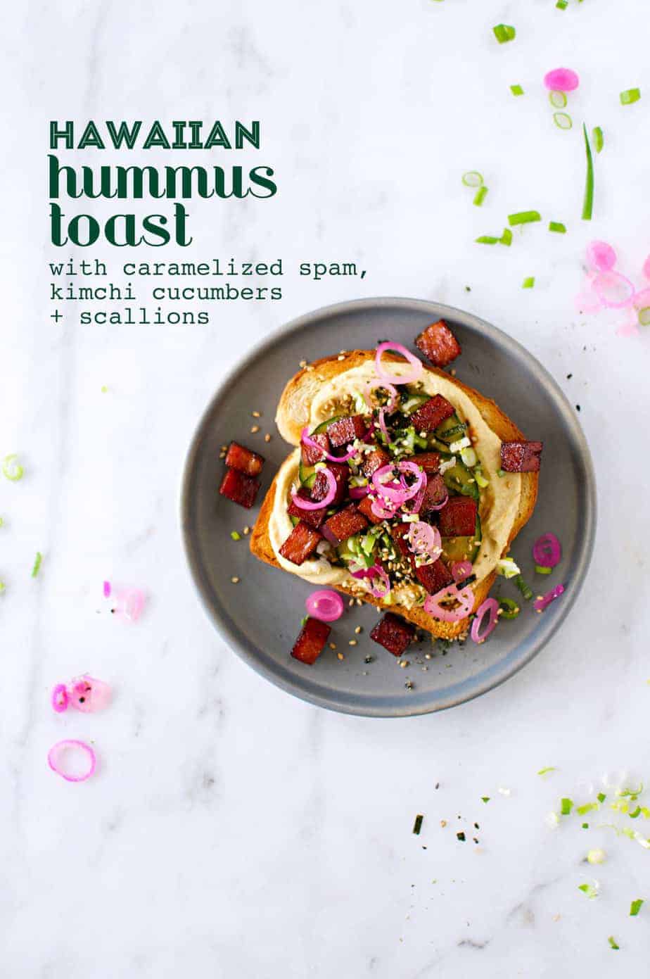 Hawaiian Hummus Toast recipe (via thepigandquill.com) #breakfast #brunch #spam #furikake #kimchi